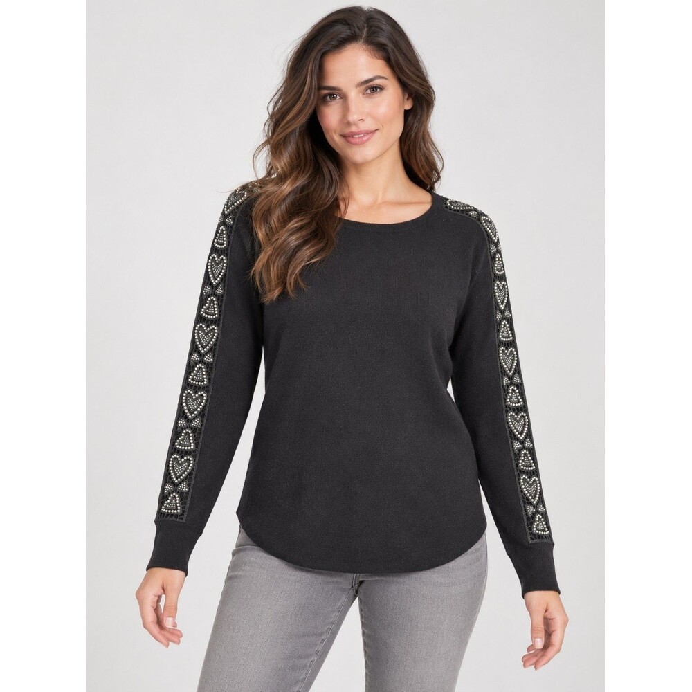 LIV Milano Women’s Black Rhinestone Heart Embellished Long-Sleeve Sweater...